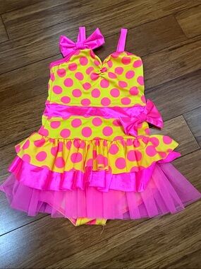 Weissman Girls Neon Yellow and Hot Pink Polka Dot Dance Dress with Tulle IC